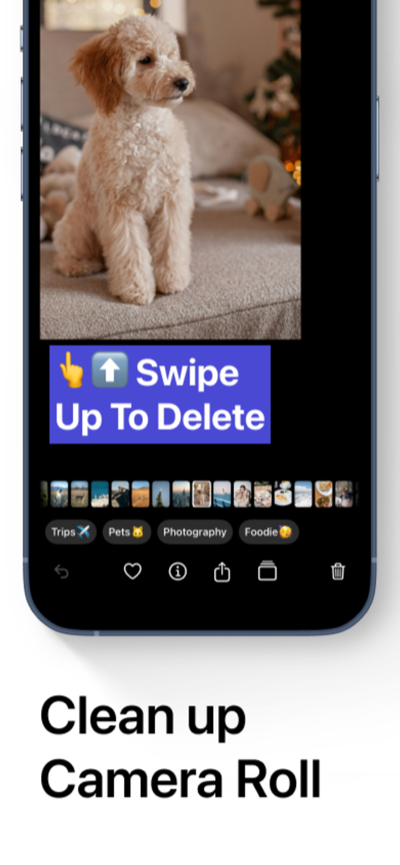 Tidify screenshot: swipe up to delete a photo, with album chips beneath