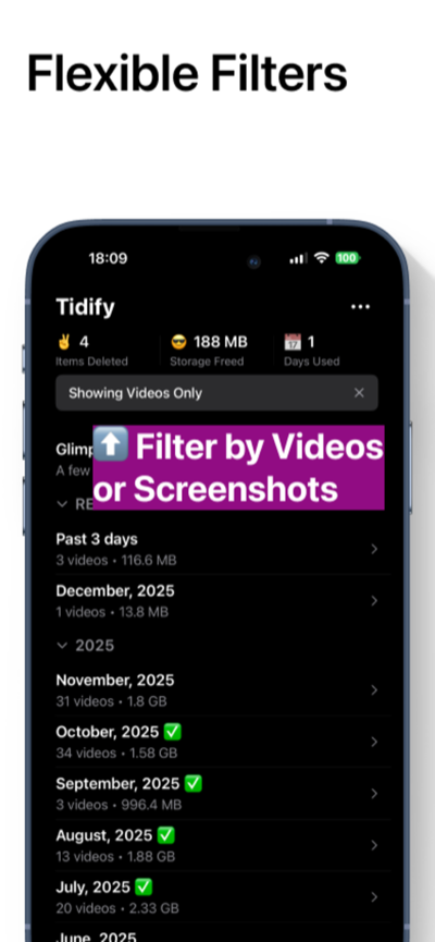 Tidify screenshot: filter library by videos or screenshots