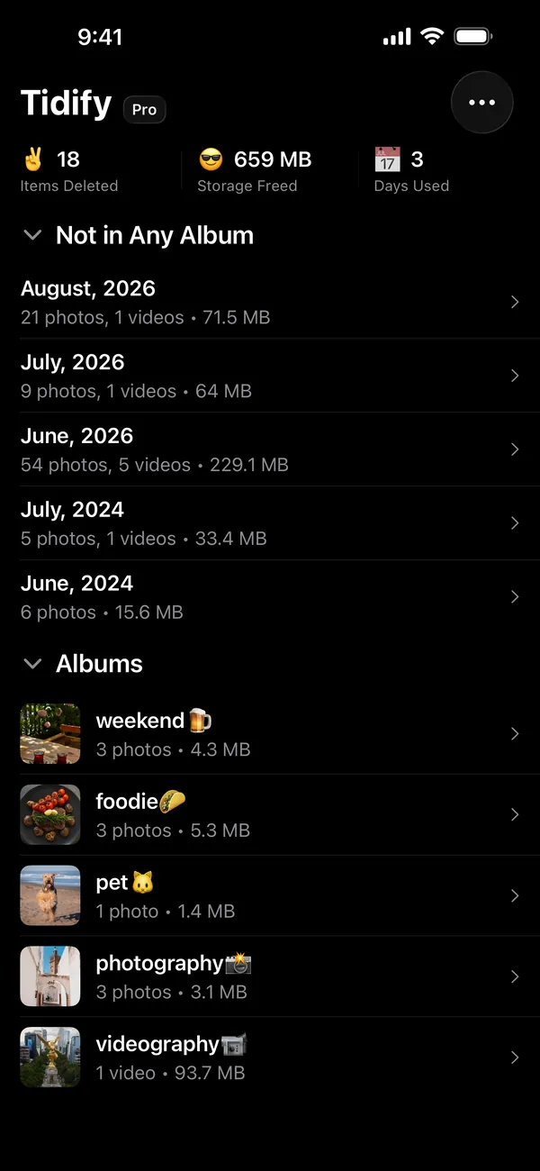 Tidify library grouped by month, each row showing its photo and video count and size, with albums listed below