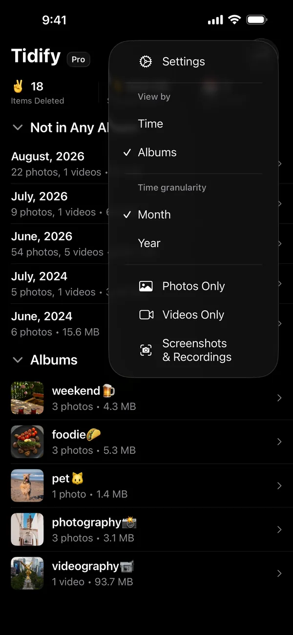 Tidify's View by menu: time or albums, month or year, and filters for photos only, videos only, or screenshots and recordings