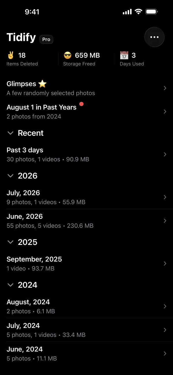 Tidify home screen: a tally of items deleted, storage freed, and days used sits above Glimpses and August 1 in Past Years, with the library grouped by month below