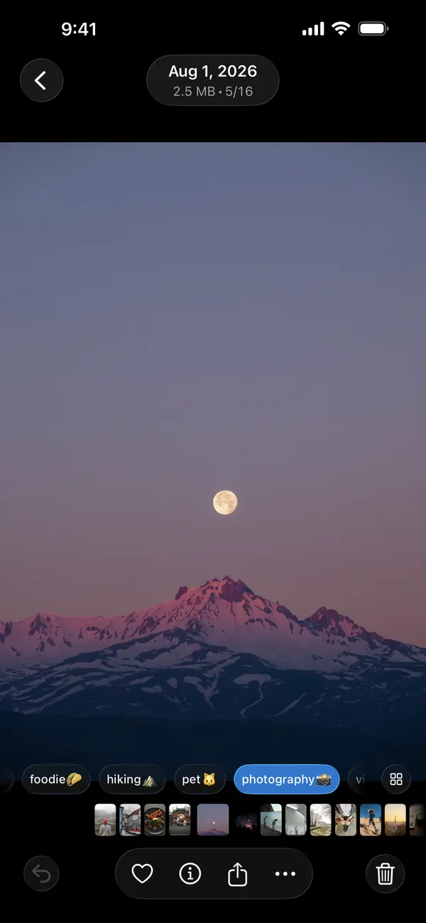 A photo open in Tidify: a moonrise over mountains fills the screen, with album chips underneath (photography selected) and a filmstrip of nearby photos